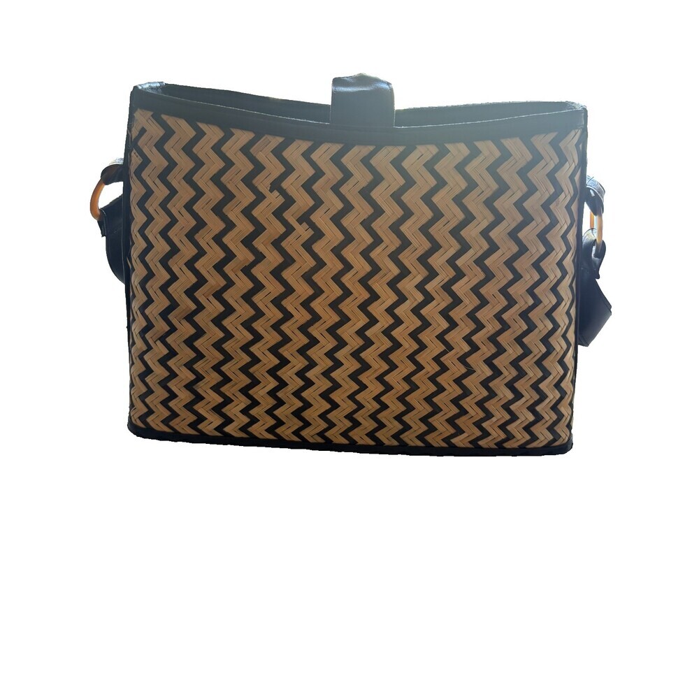 HTF La Regale Vintage Woven Chevron Shoulder Bag 70s 80s Black Straw Rare